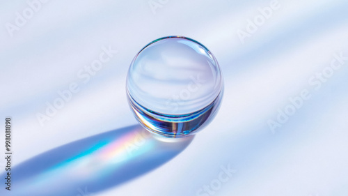 Iridescent face serum droplet forming a delicate transparent bubble against a white background with a rainbow reflection 