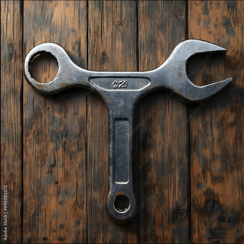 A worn wrench on a wood background. A worn wrench on a wood background.