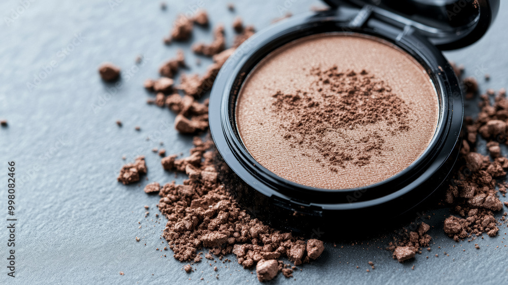 Macro of cool taupe eyeshadow powder with a fine shimmering finish sprinkled on an icy grey background Macro of cool taupe eyeshadow powder with a fine shimmering finish sprinkled on an icy grey background