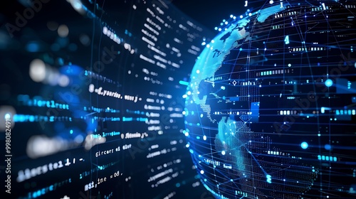 Abstract 3D globe with layers of security code and encryption symbols