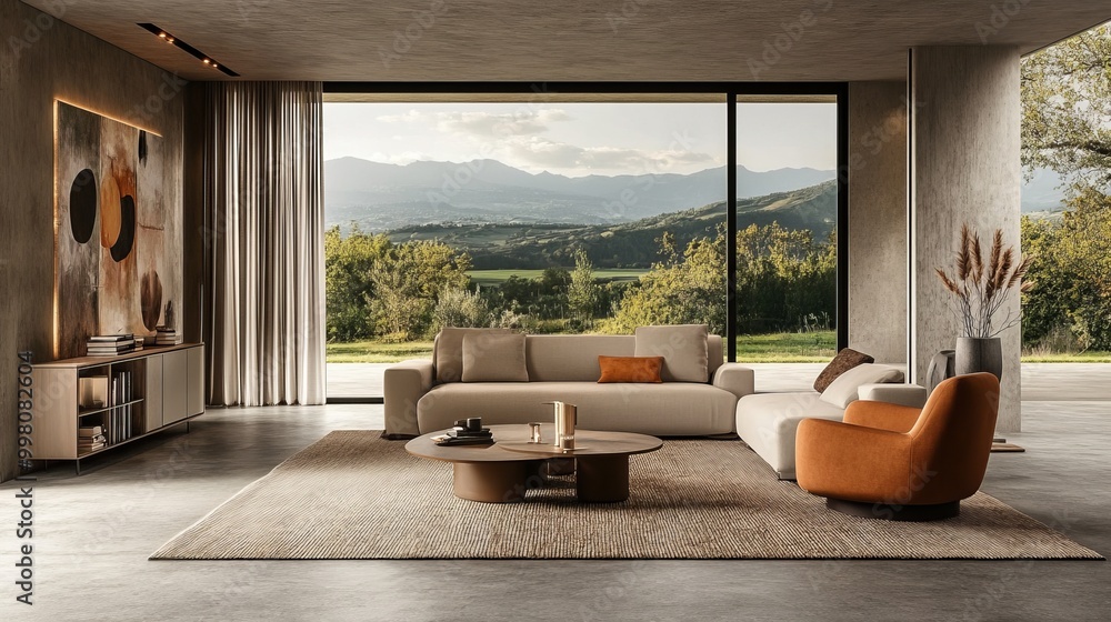 Contemporary living room with earthy tones and modern furniture, featuring sofa, armchairs, sideboard with artwork and books, carpet on concrete floor, and panoramic countryside view. Contemporary living room with earthy tones and modern furniture, featuring sofa, armchairs, sideboard with artwork and books, carpet on concrete floor, and panoramic countryside view.