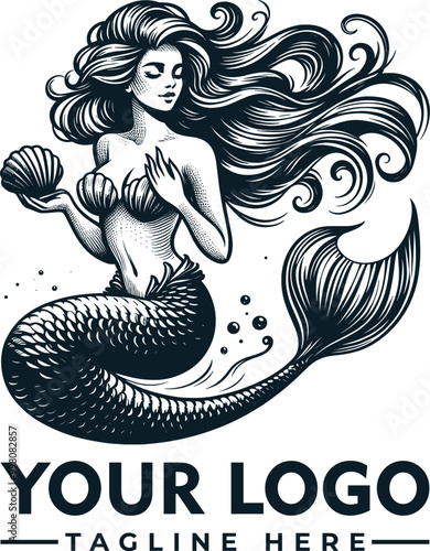 Mermaid with long hair, shell, and tail, sits in curled waves Mermaid sitting in ocean waves with long hair, shell, and tail. Suitable for fantasythemed designs, childrens books, and beachthemed