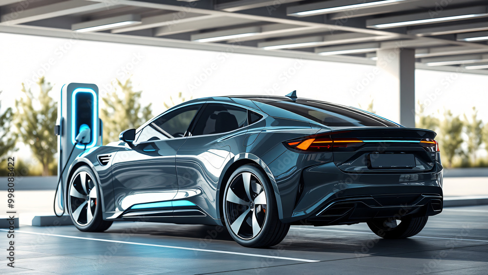 Electric car or EV futuristic sport car charging with charger at electric charge station, technology and transportation concept Electric car or EV futuristic sport car charging with charger at electric charge station, technology and transportation concept