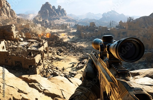 First-person shooter Video Game in a post-apocalyptic desert setting. AI generated image photo