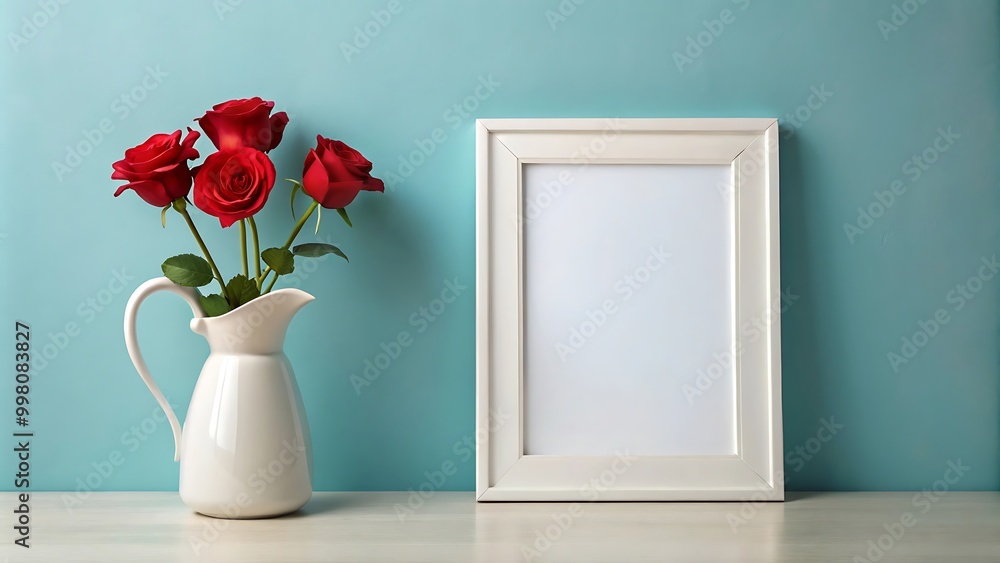 Red Roses & White Frame Mockup on Teal Wall Red Roses & White Frame Mockup on Teal Wall