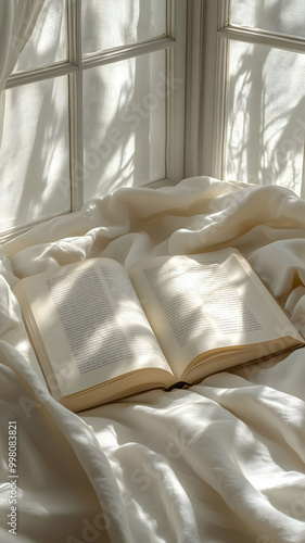 Open book with white fabric lying over it in front of a window with sunlight shining through.
