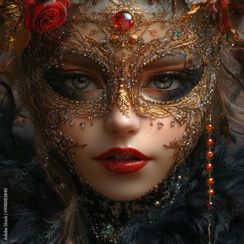 A woman with a gold masquerade mask, red lipstick, and green eyes.