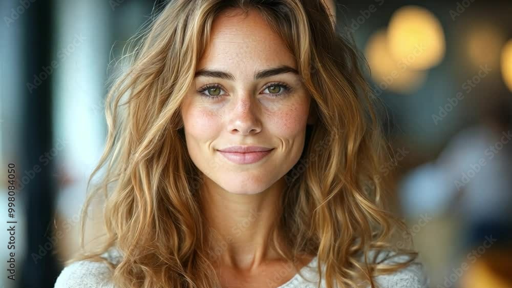 A woman with wavy hair and a warm smile stands in a stylish cafe, exuding confidence and charm in a bright atmosphere. A woman with wavy hair and a warm smile stands in a stylish cafe, exuding confidence and charm in a bright atmosphere.