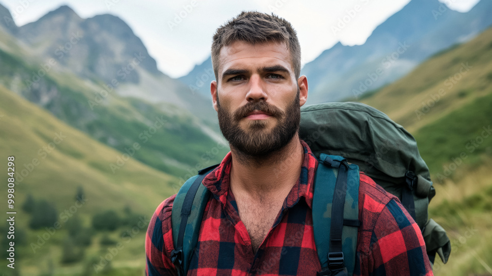 Man with a thick walrus mustache hiking up a mountain trail wearing a rugged flannel shirt and backpack Man with a thick walrus mustache hiking up a mountain trail wearing a rugged flannel shirt and backpack