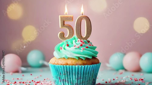 Birthday cupcake with burning lit candle with number 50. Number fifty for fifty years or fiftieth anniversary.