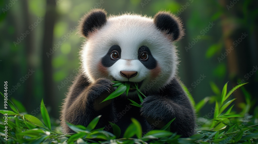 Playful 3D Style Panda Bear Sitting and Eating Bamboo in a Colorful Gradient Background Playful 3D Style Panda Bear Sitting and Eating Bamboo in a Colorful Gradient Background