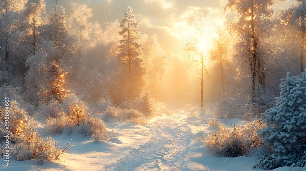 Peaceful Snowy Winter Wonderland with Frosty Trees and Soft Sunlight Peaceful Snowy Winter Wonderland with Frosty Trees and Soft Sunlight