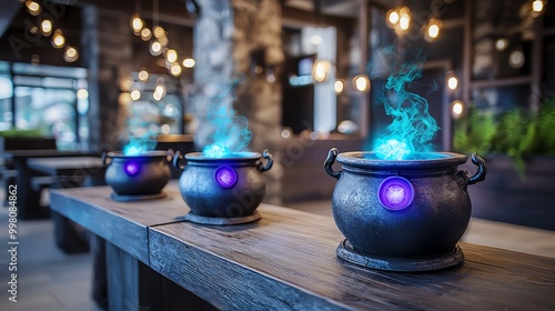 Three mystical cauldrons with glowing blue smoke on a wooden table in a cozy atmosphere.