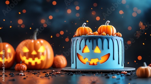 Halloween cake decorating contest in a bakery with glowing pumpkins