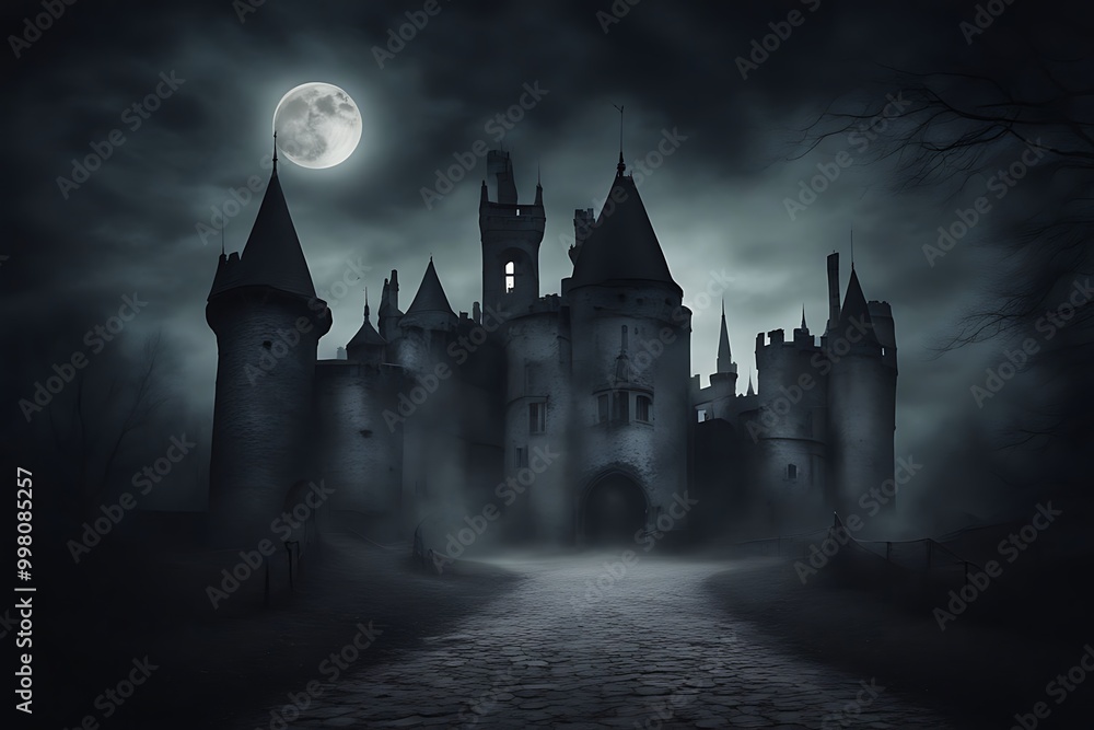 Naklejka premium Mysterious Castle Under a Full Moon - Eerie Nighttime Scene