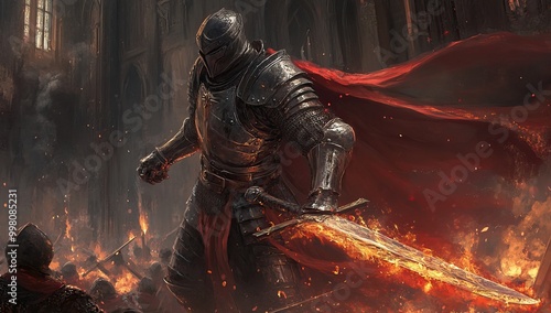 Armored warrior wielding a flaming sword in a dark fantasy setting Video Game. AI generated image