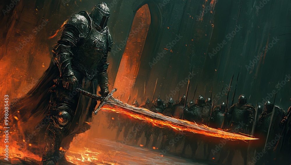 Armored warrior wielding a flaming sword in a dark fantasy setting Video Game. AI generated image Armored warrior wielding a flaming sword in a dark fantasy setting Video Game. AI generated image