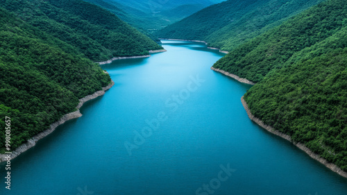 Mega dams altering river courses and ecosystems from space large reservoirs filling valleys with blue water  photo