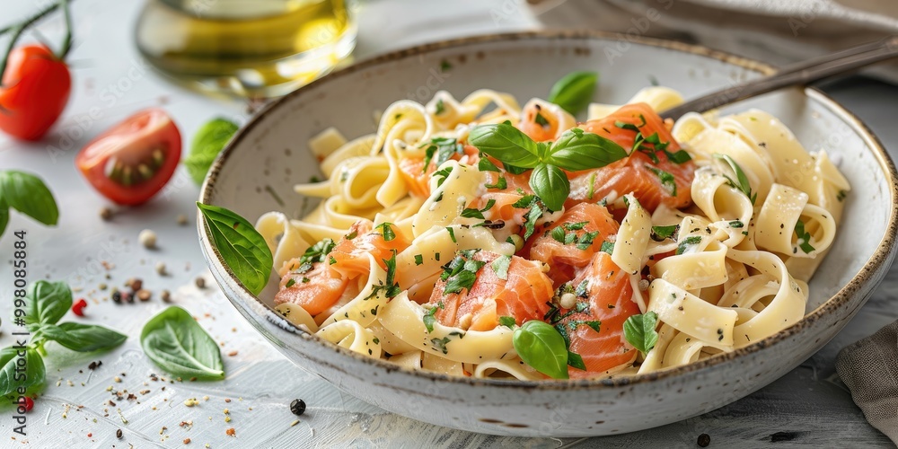 Freshly Cooked Pasta with Herb-Marinated Salmon in a Ceramic Bowl Freshly Cooked Pasta with Herb-Marinated Salmon in a Ceramic Bowl
