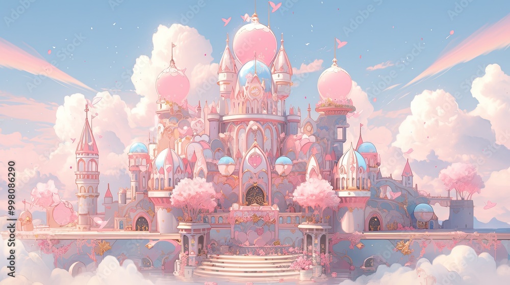 3D magical pastel fairy tale castle, with soft-colored turrets, a dreamy pastel sky. 3D magical pastel fairy tale castle, with soft-colored turrets, a dreamy pastel sky.