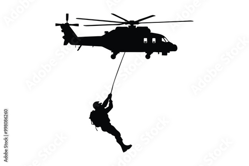 Special Forces Soldier Descending From Helicopter Silhouette Vector Clipart photo