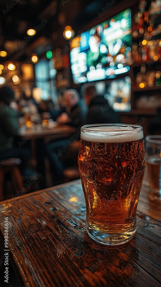 A sports bar watching football and drinking beer, 1 beer focused and nitid on a wooden table and bar background blurry with TV A sports bar watching football and drinking beer, 1 beer focused and nitid on a wooden table and bar background blurry with TV
