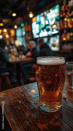 A sports bar watching football and drinking beer, 1 beer focused and nitid on a wooden table and bar background blurry with TV