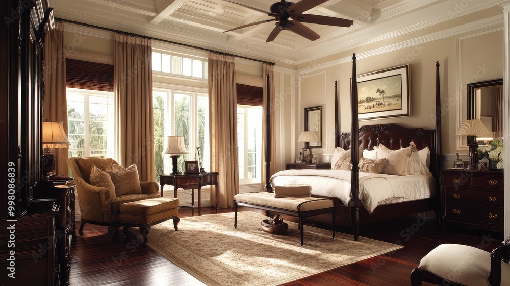 Fototapeta premium A traditional British colonial-style bedroom, with dark wood furniture, neutral tones, and ceiling fans, creating a timeless and elegant space
