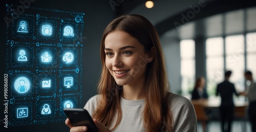  Digital chatbot, internet bot application, conversation assistant, AI Artificial Intelligence. Woman using mobile smart phone chatting with customer service, AI chatbot automatic answering