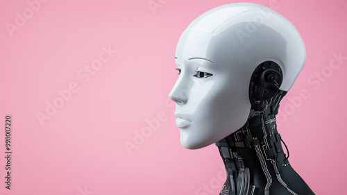 Minimalist white AI robot head with circuit like lines isolated on a pastel gradient background tech future concept 