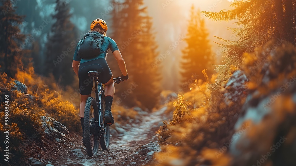 Naklejka premium Adrenaline Fueled Mountain Cycling Adventure Through Rugged Landscape