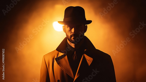 Mysterious man in a long trench coat and fedora half his face shadowed standing under a single streetlight 