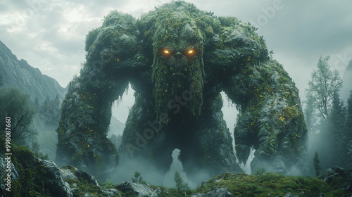verdant stone giant emerges from the mist, overlooking the valley with a solemn gaze