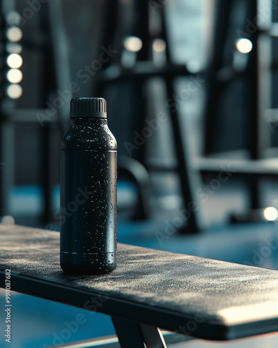 black water bottle on gym bench in fitness center
