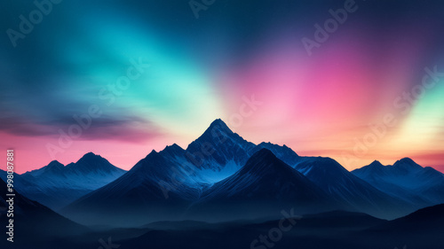 Mystical northern lights over a mountain range on a gradient from teal to violet 