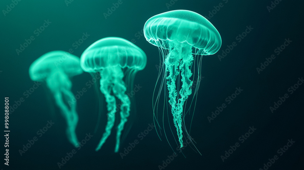 Neon jellyfish floating over a gradient of silver and midnight green representing the flow of time Neon jellyfish floating over a gradient of silver and midnight green representing the flow of time