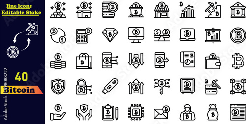 A simple set of Bitcoin-related vector icons, including mining, exchange, payment, and more. Editable stroke line icon collection.