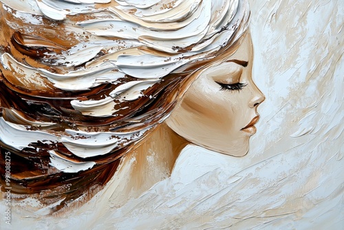 Young, dreamy girl with curlly brown hair painted in oil with expressive brushstrokes on a white background. photo