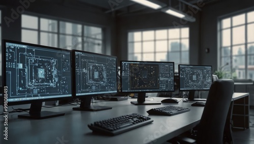 Empty Workplace With Computer Monitor Display with 3D CAD Software Interface with Digital Electronic Diagram of a Circuit Motherboard Being Designed. Modern Factory Engineer's Office Concept