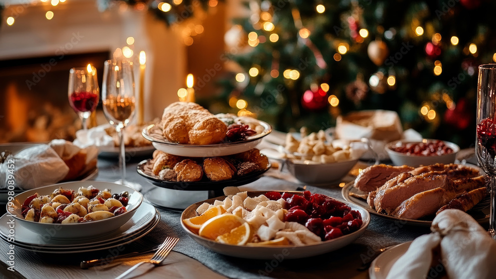 Christmas Dinner table full of dishes with food and snacks Christmas Dinner table full of dishes with food and snacks