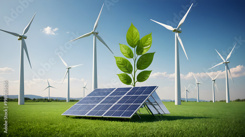 Sustainable greeen energy. Solar and wind turbines farm. Solar, wind power. AI generated image, ai.