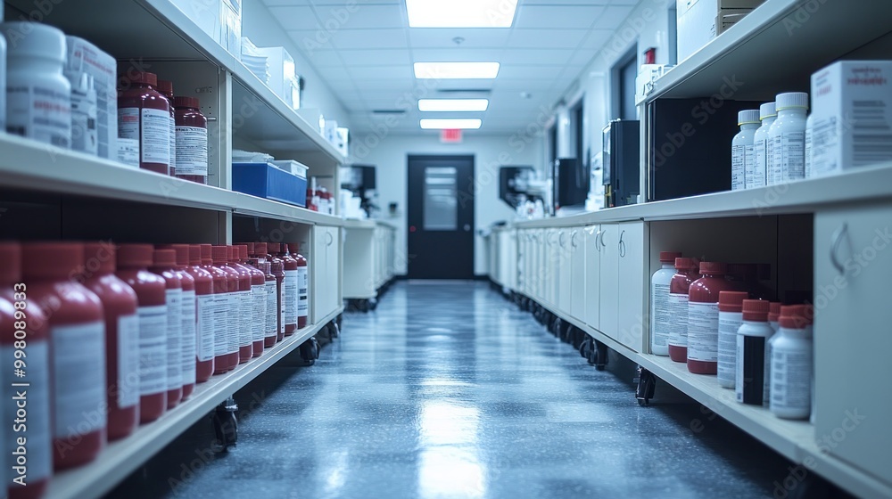 Storage shelves in a pharmaceutical laboratory Storage shelves in a pharmaceutical laboratory