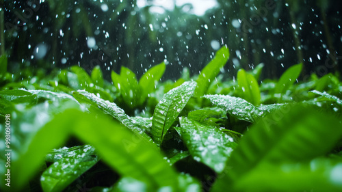 Rare snowstorm in a tropical rainforest white snowflakes covering lush green foliage under an overcast sky  photo