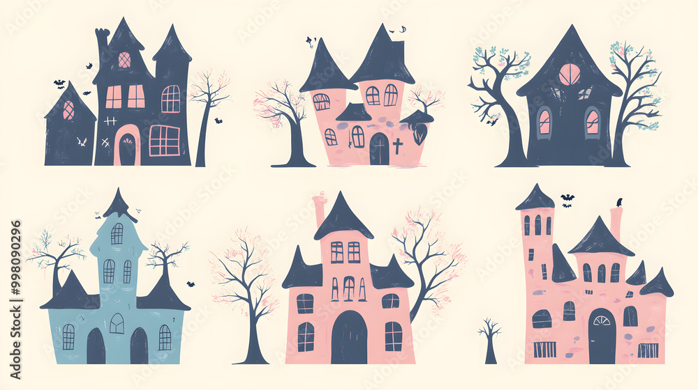 Simple pastel haunted house set of icons with smooth outlines and soft tones isolated on a clean background Simple pastel haunted house set of icons with smooth outlines and soft tones isolated on a clean background
