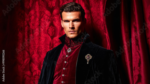 Regal man with a long velvet coat high collar and jeweled brooch standing against a textured red curtain 