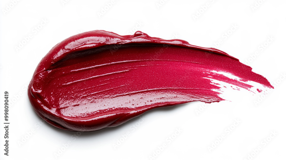Rich burgundy lipstick smudge with soft feathered edges and glistening highlights on a matte white background Rich burgundy lipstick smudge with soft feathered edges and glistening highlights on a matte white background
