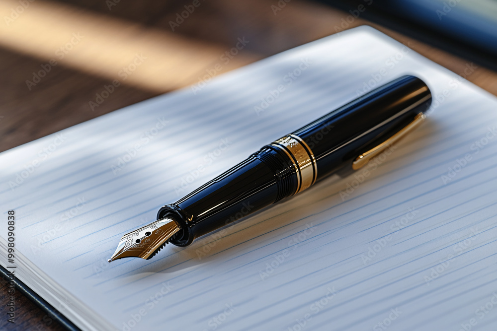 elegant black fountain pen on lined paper notebook - close-up macro - luxury writing utensil elegant black fountain pen on lined paper notebook - close-up macro - luxury writing utensil
