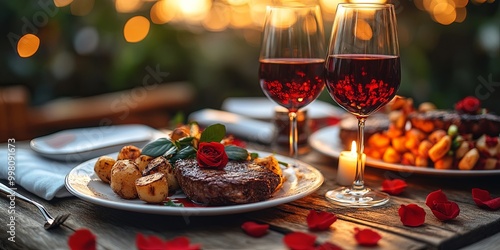 A romantic dinner setting with a single rose and a candle, two glasses of red wine, and a plate with a juicy steak and roasted potatoes on a wooden table with rose petals scattered around photo