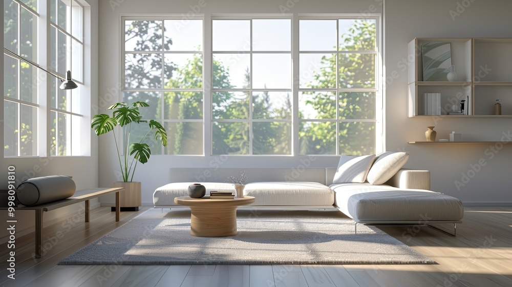 3D modern living room interior, with sleek furniture, minimalist decor, and large windows providing natural light. 3D modern living room interior, with sleek furniture, minimalist decor, and large windows providing natural light.
