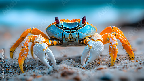 A Colorful Spiral-Patterned Fiddler Crab Crawling on the Sand 